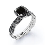 Eternity Crossover - 1.75 TCW Cushion Cut Lab Created Black Diamond - Halo Pave Setting Wedding Set in White Gold