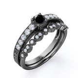 1.25 Carat Round Cut Lab Grown Black Diamond Vintage Milgrain Bridal Set Ring In White Gold