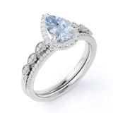 Antique Vintage 1.50 Carat Pear cut Art Deco Halo Engagement Ring with Aquamarine and Diamond for Her in White Gold
