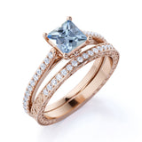 Perfect 1.50 Carat princess cut Aquamarine and Diamond Wedding Ring Set in White Gold