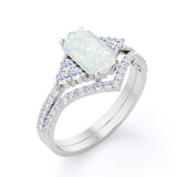 Chevron Pave Set 1.55 Carat Hexagon Cut White Fiery Opal And Diamond V Shaped Wedding Ring Set In Black Gold