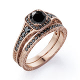 Filigree Pave Channel 1.6 TCW Round Lab Created Black Diamond Double Prong Cluster Wedding Set in White Gold