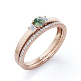 Trio Stone 1 carat Round Moss Agate and Moissanite Bridal Set in Rose Gold