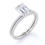1.50 Carat emerald cut Moissanite and Diamond Halo Bridal Set in 10k Rose Gold