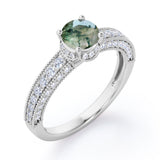 Classic Four Prong 1.45 Carat Round Cut Green Moss Agate And Diamond Vintage Milgrain Engagement Ring In Rose Gold