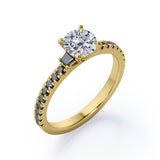 Milgrain Prong Cathedral - 1.3 TCW Round Brilliant Cut Moissanite with Lab Created Black Diamond - Pave Engagement Ring in Yellow Gold