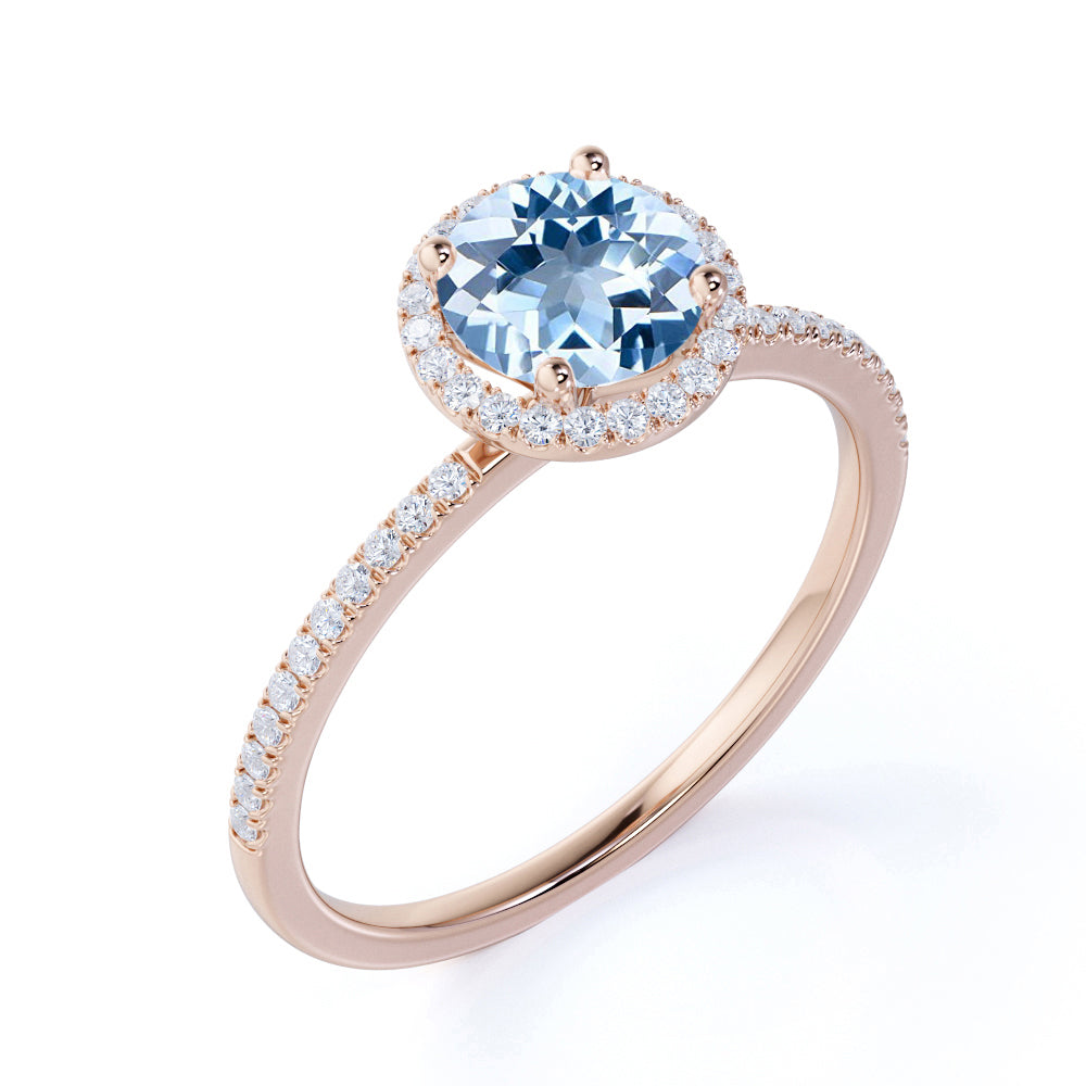 1.50 Carat Round cut Aquamarine and Diamond Halo Engagement Ring in Ro ...