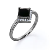 Geometric 1.15 Carat Princess Cut Lab Black Diamond and 2 Stone Contour Engagement Ring in White Gold