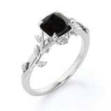 1 ct Cushion Lab Black Diamond Leaf Style Engagement Ring