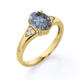 Tapered Prong Setting 1.15 Carat Oval Cut Druzy Black Rutilated Quartz and Diamond 7 Stone Classic Engagement Ring