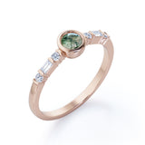 Elegant 7 Stone Ring 0.6 carat Round Moss Agate and Moissanite Bezel Engagement Ring in White Gold