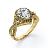 Milgrain Pave Channel - 1.5 TCW Teardrop Moissanite with Lab Created Black Diamond - Halo Design Engagement Ring in White Gold