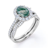 Clustered Oval 1.25 Carat Moss Agate Wedding Ring Set