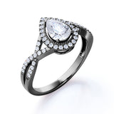 Infinity Style 1.50 Carat Teardrop Shape Moissanite and Diamond Halo Engagement Ring in White Gold