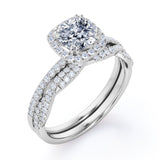 1.5 Carat Cushion Cut Moissanite And Diamond Halo Bridal Set In White Gold