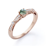 Baguette Shape Band with 0.7 carat Round Dendritic Moss Agate Engagement Ring in White Gold