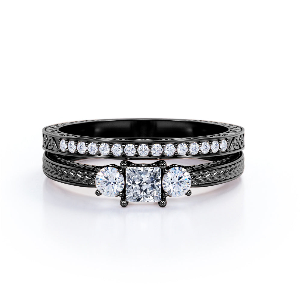 1.25 Carat Princess Cut Moissanite And Diamond Three Stone Wedding Ring Set In White Gold