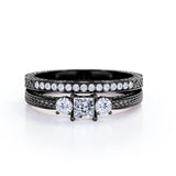 1.25 Carat Princess Cut Moissanite And Diamond Three Stone Wedding Ring Set In White Gold