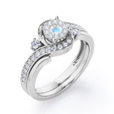 Pave-Prong Design 0.55 TCW Round Shape Moonstone and Moissanite Bridal Ring Set in Rose Gold