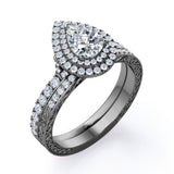 1.75 Carat Double Halo Vintage Moissanite and Diamond Pave Ring Pear Cut Milgrain Bridal Set in Rose Gold