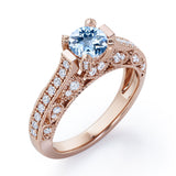 Beaded Four Prongs 1.40 Carat Round Cut Aquamarine And Diamond Vintage Art Deco Engagement Ring In Rose Gold