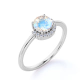 Unique 1.15 Carat Round Blue Flash Moonstone and Diamond Curved Engagement Ring in Rose Gold