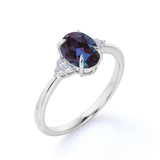 4 Claws Prong Basket 1.15 Carat Oval Cut Simulated Alexandrite and Diamond 7 Stone Engagement Ring