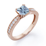 Beaded Eight Prongs 1.25 Carat Cushion Cut Aquamarine And Diamond Antique Milgrain Engagement Ring In Rose Gold