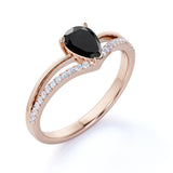 Contoured 1.50 Carat Teardrop Lab Lab Black Diamond and Split Shank Engagement Ring in White Gold