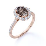 1.50 ct Oval Black Rutilated Quartz Cluster Pave Engagement Ring