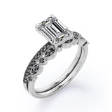Milgrain Filigree - 1.55 TCW Emerald Cut Moissanite with Lab Created Black Diamond - Pave Accented Bridal Ring Set  in White Gold