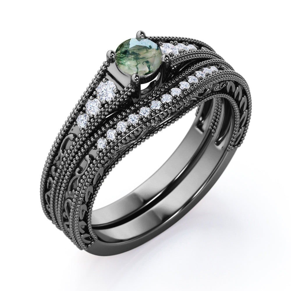 Antique Milgrain 0.8 carat Round Dendritic Moss Agate Stone and Moissanite Bridal Set in White Gold