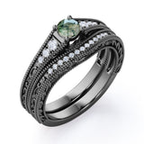 Antique Milgrain 0.8 carat Round Dendritic Moss Agate Stone and Moissanite Bridal Set in White Gold