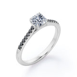 Four Prong Set - 1.25 TCW Princess Cut Moissanite with Lab Created Black Diamond - Scalloped Pave Engagement Ring in White Gold