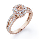 Double Halo Cluster 1.8 Carat Round-Shaped Morganite and diamond Split-Shaked Milgrain Pave Engagement Ring in Rose Gold