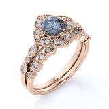 1.25 Ct Round Salt and Pepper Diamond Floral Wedding Ring Set