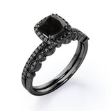 Pave-Accented Halo 1.6 TCW Cushion Cut Lab Created Black Diamond Milgrain Filigree Wedding Ring Set in White Gold