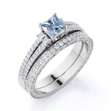 1.50 Carat princess cut Aquamarine and Diamond Halo Wedding Set in White Gold