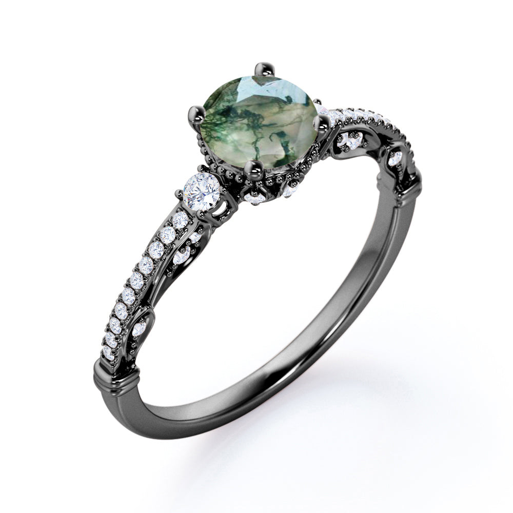 Decorative Basket 0.75 carat Round Moss Agate and Moissanite Engagement Ring in White Gold