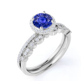 Timeless Classic Design 2 Carat Round Cut Sapphire and Diamond Halo Wedding Set with Art Deco Band in White Gold