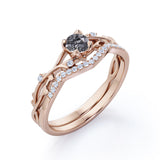 Twig Crossover 0.75 Carat Round Cut Dendritic Rutilated Quartz and Diamond Pave Bridal Set Rings