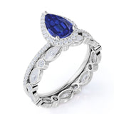 Vintage Pave Set 2.25 Carat Pear Cut Sapphire and Diamond Halo Wedding Set with Art Deco Eternity Band in White Gold