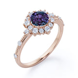 Clustered Halo 1.30 Carat Round Cut Lab Created Alexandrite And Diamond Beaded Antique Engagement Ring In White Gold