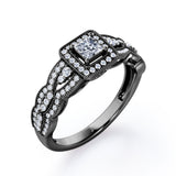 Triple Curved Pave Band - 0.5 TCW Princess Cut Diamond - Milgrain Halo-Channel Engagement Ring - 10K Black Gold