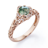 Modern Art Deco 1.10 Carat Round Cut Green Moss Agate And Diamond Cushion Framed Halo Engagement Ring In White Gold