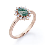Unique 0.6 carat Oval Moss Agate and Moissanite Floating Halo Engagement Ring in White Gold