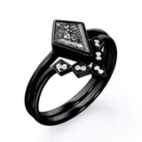Chevron 1.15 Carat Kite Shaped Dark Black Rutilated Quartz And Diamond Bezel Set V Style Wedding Ring Set In Black Gold