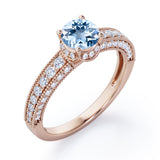 Classic Four Prong 1.45 Carat Round Cut Aquamarine And Diamond Vintage Milgrain Engagement Ring In White Gold