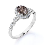 Halo 1.50 ct Oval Black Rutilated Quartz Art Deco Engagement Ring