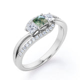 Shared Prongs 1 carat Princess Green Moss Agate and Moissanite Split Shank Band Engagement Ring in Rose Gold